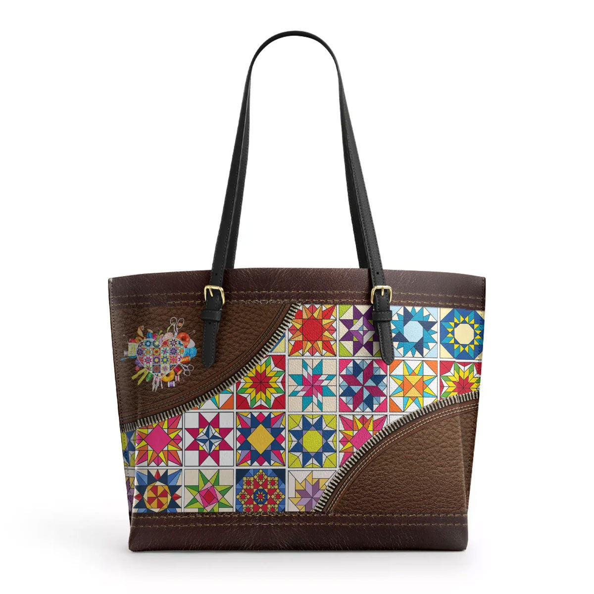 BloomNeedle Patchwork Bliss Leather Tote Bag