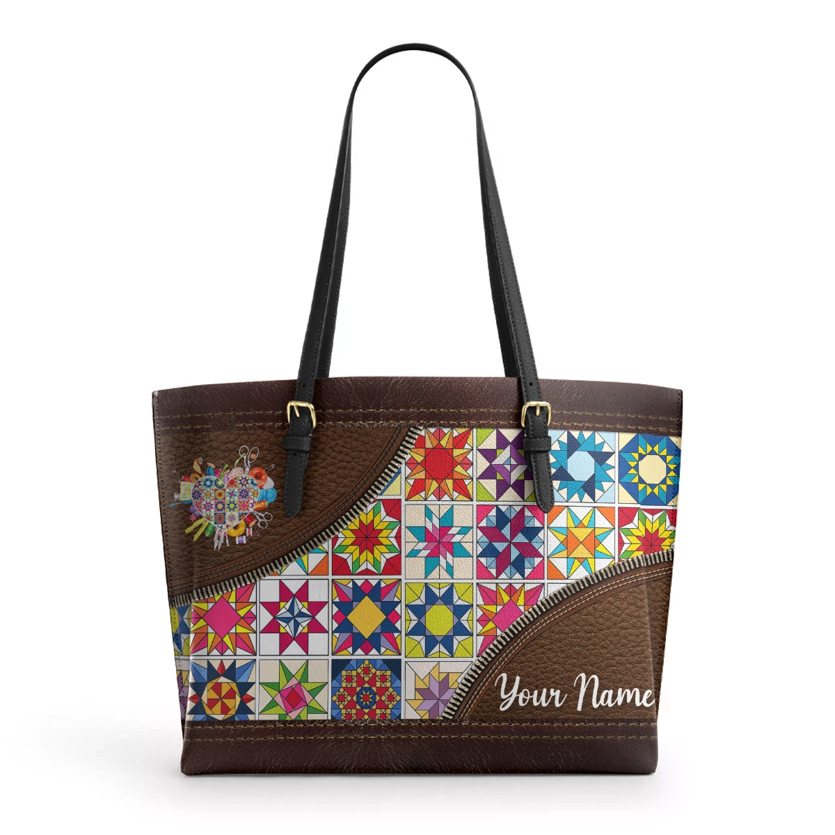 BloomNeedle Patchwork Bliss Personalized Leather Tote Bag